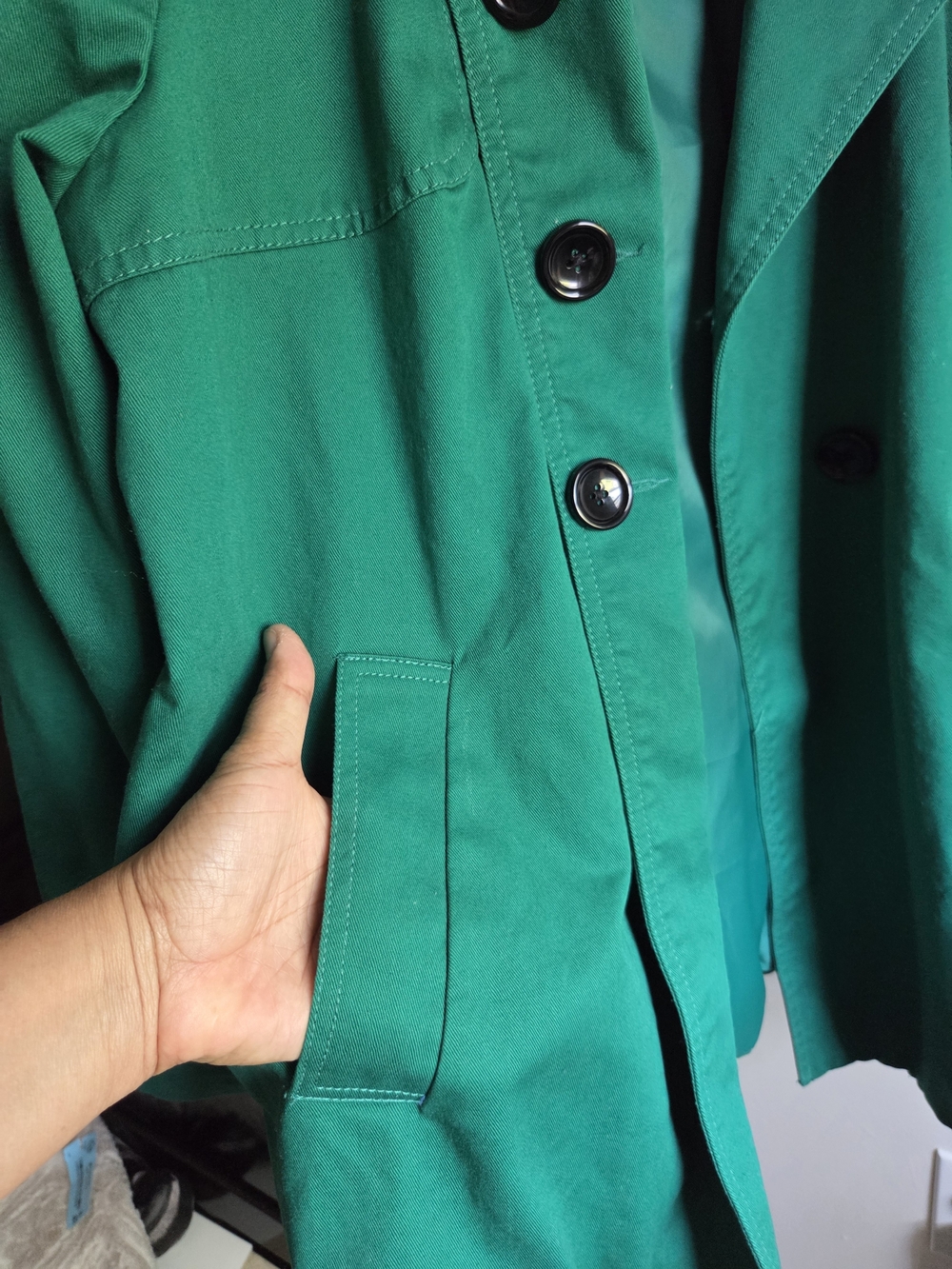 Daisy Fuentes Emerald Green Single-Breasted Trench Coat - Picture 5 of 11